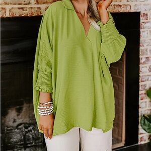 Green Smocked Sleeve Top
